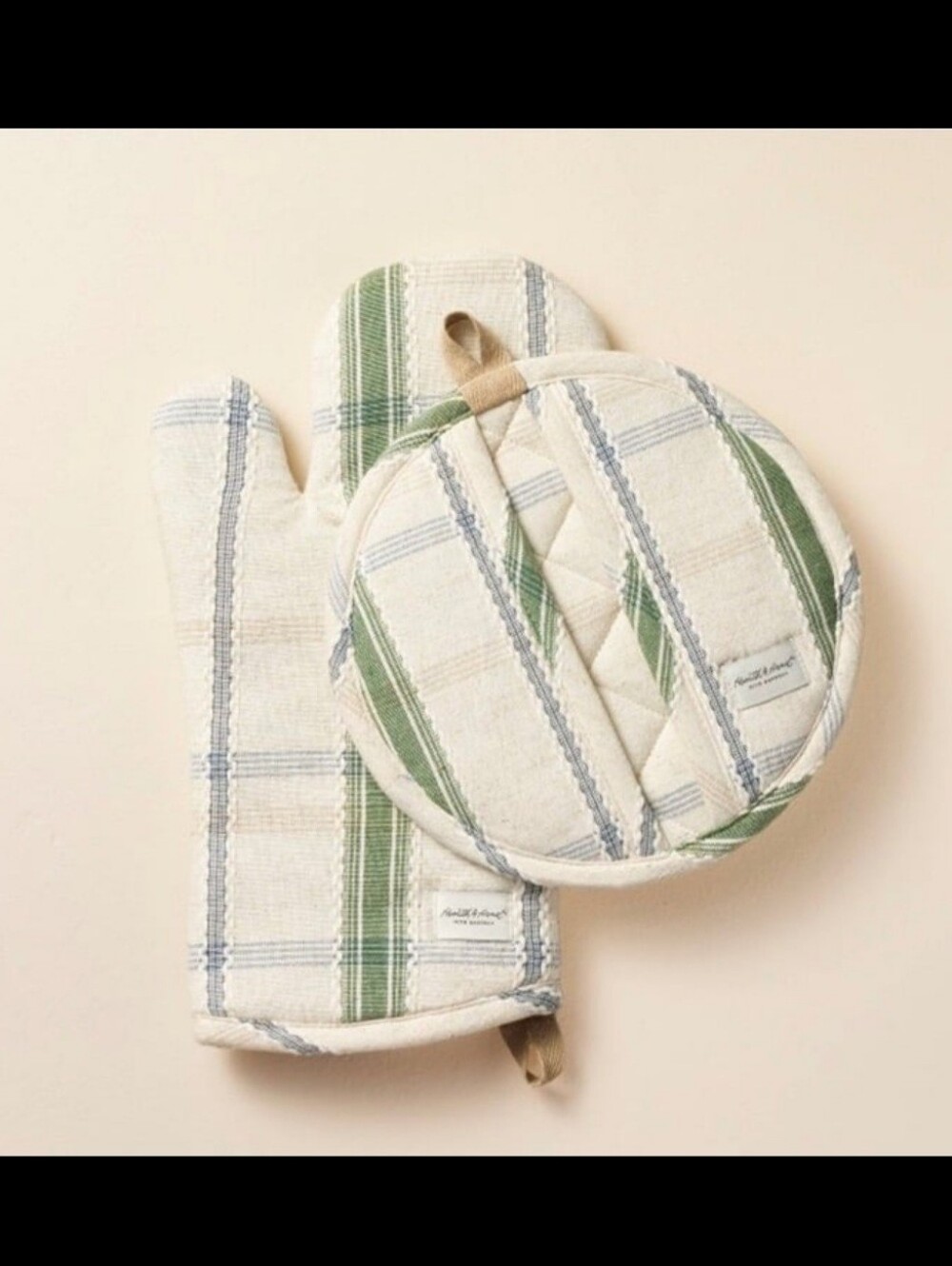 Hearth & Hand Magnolia 2pc Plaid Oven Mitt and Potholder Set Cream/Green/Blue